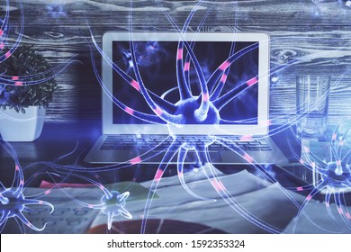 Desktop computer background and neuron drawing. Double exposure. Education concept.