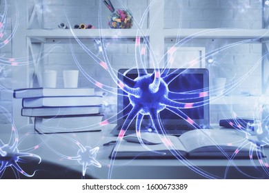 Desktop computer background and neuron drawing. Double exposure. Education concept.
