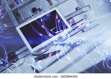 Desktop computer background and neuron drawing. Double exposure. Education concept.