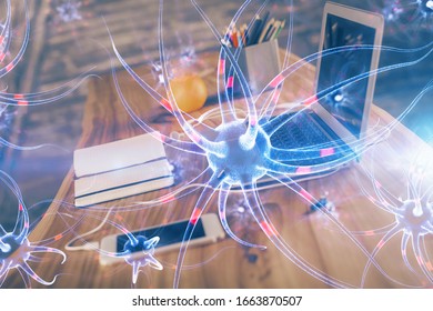 Desktop computer background and neuron drawing. Double exposure. Education concept.