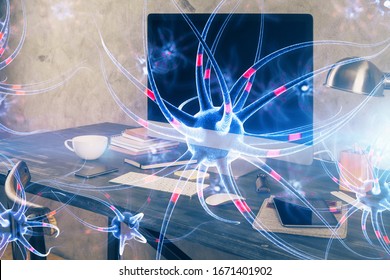 Desktop computer background and neuron drawing. Double exposure. Education concept.