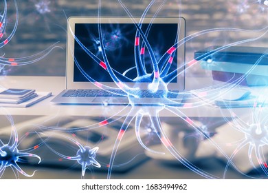 Desktop computer background and neuron drawing. Double exposure. Education concept.
