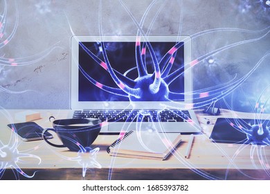 Desktop computer background and neuron drawing. Double exposure. Education concept.