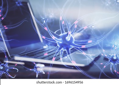Desktop computer background and neuron drawing. Double exposure. Education concept.