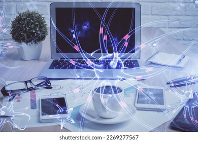 Desktop computer background and neuron drawing. Double exposure. Education concept.