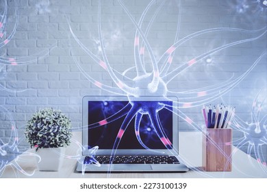 Desktop computer background and neuron drawing. Double exposure. Education concept.