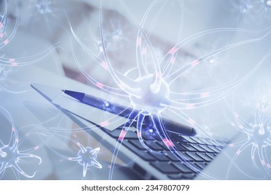 Desktop computer background and neuron drawing. Double exposure. Education concept.