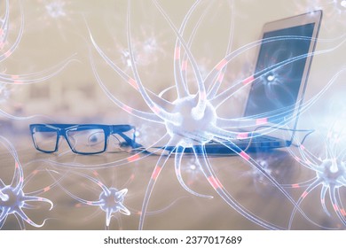 Desktop computer background and neuron drawing. Double exposure. Education concept.