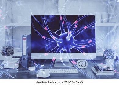 Desktop computer background and neuron drawing. Double exposure. Education concept.