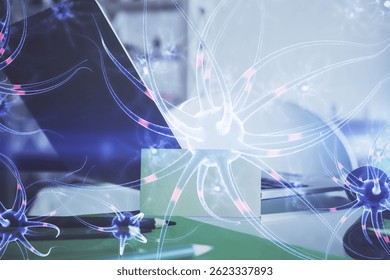 Desktop computer background and neuron drawing. Double exposure. Education concept.