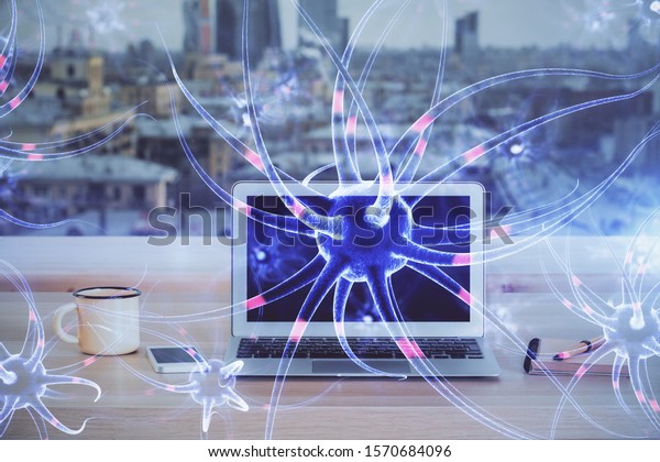 Desktop Computer Background Neuron Drawing Double Stock Photo ...