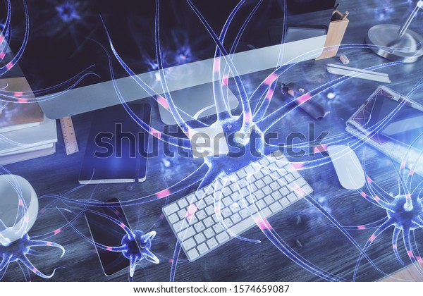 Desktop Computer Background Neuron Drawing Double Stock Photo ...