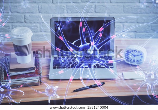 Desktop Computer Background Neuron Drawing Double Stock Photo ...