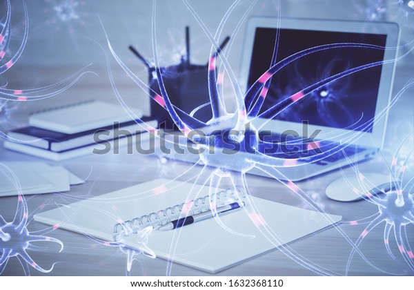 Desktop Computer Background Neuron Drawing Double Stock Photo ...
