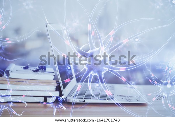 Desktop Computer Background Neuron Drawing Double Stock Photo ...
