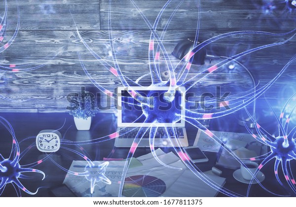 Desktop Computer Background Neuron Drawing Double Stock Photo ...