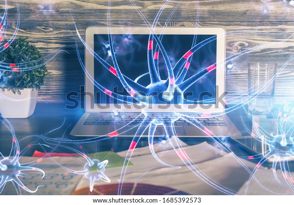 Desktop Computer Background Neuron Drawing Double Stock Photo ...