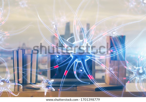Desktop Computer Background Neuron Drawing Double Stock Photo ...