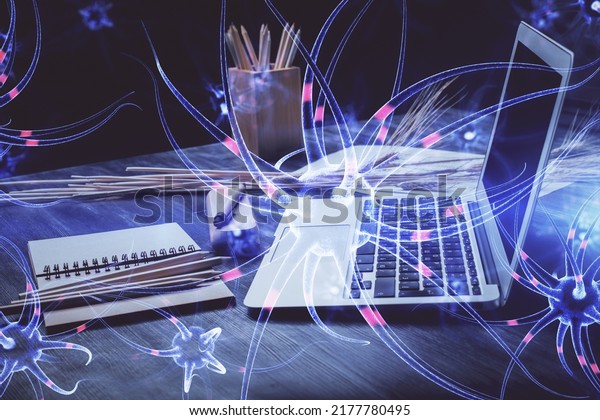 Desktop Computer Background Neuron Drawing Double Stock Photo ...