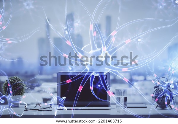 Desktop Computer Background Neuron Drawing Double Stock Photo ...