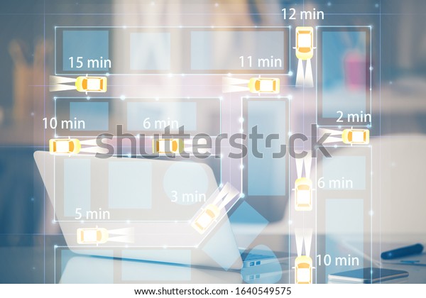 Desktop computer background
in office with automobile hologram drawing. Multi exposure. Tech
concept.