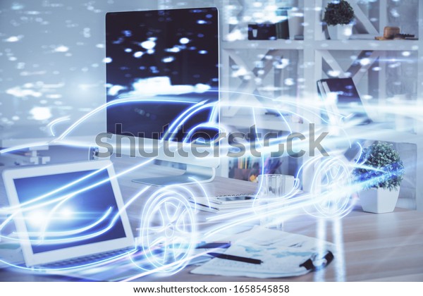 Desktop computer background
in office with automobile hologram drawing. Multi exposure. Tech
concept.