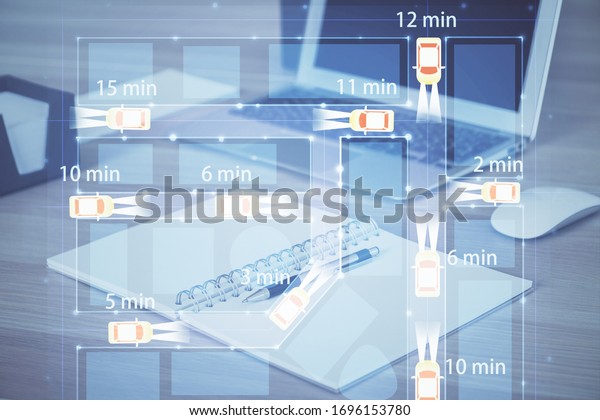 Desktop computer background\
in office with automobile hologram drawing. Multi exposure. Tech\
concept.
