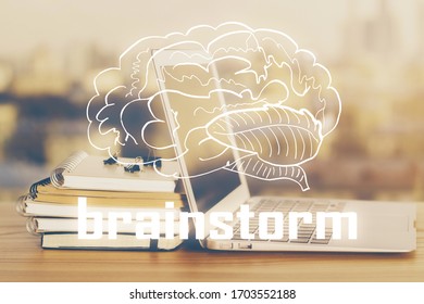 Desktop computer background in office and start up theme hologram drawing. Double exposure. Startup concept.