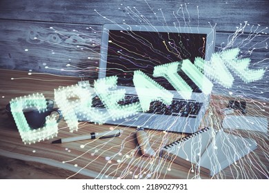 Desktop computer background in office and start up theme hologram drawing. Double exposure. Startup concept. - Shutterstock ID 2189027931