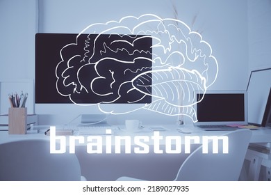 Desktop computer background in office and start up theme hologram drawing. Double exposure. Startup concept. - Shutterstock ID 2189027935