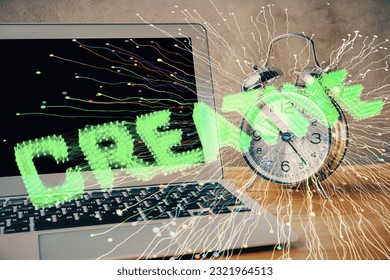 Desktop computer background in office and start up theme hologram drawing. Double exposure. Startup concept.