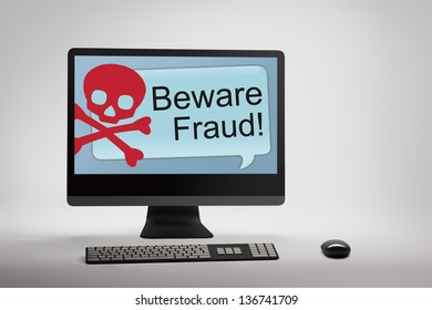 Desktop Computer Displaying Conceptual Internet Fraud And Scam Warning On Screen