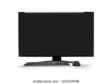 Desktop computer and keyboard and mouse on white background.