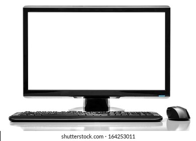 Desktop computer and keyboard and mouse on white