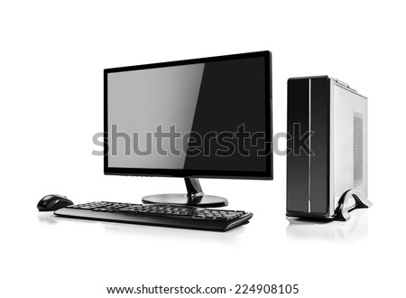 Desktop computer and keyboard and mouse on white