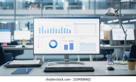 Desktop Computer Monitor with Finance Statistical Data Software and Progressive User Interface Standing on the Desk in the Modern Business Office. In the Background Glass Wall with Big City Office. - Powered by Shutterstock