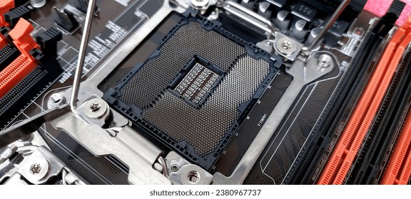 Desktop computer motherboard and processor socket close-up