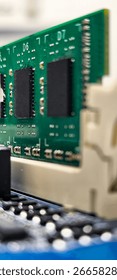 Desktop computer RAM slots. Technological advancement concept.