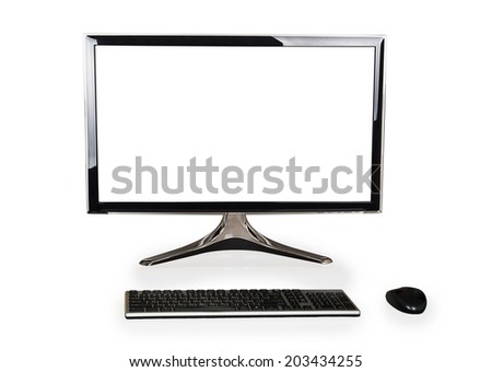Desktop computer with white blank screen and keyboard and mouse isolated on white background