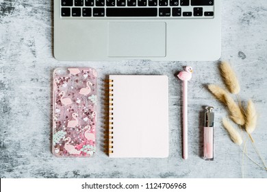 Desktop Flatlay: Laptop, Notebook, Lipgloss, Dry Flowers,  Pen Pink Color With Flamingo, Case For Mobile Phone Lying On Gray Marble Background