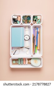 Desktop Organization. Cleaning Up Messy Stationary In Plastic Organizers For Office And Home Desk