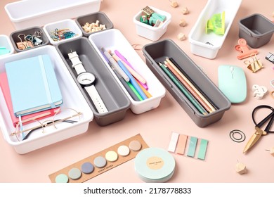 Desktop Organization. Cleaning Up Messy Stationary In Plastic Organizers For Office And Home Desk