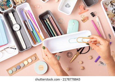 Desktop Organization. Cleaning Up Messy Stationary In Plastic Organizers For Office And Home Desk