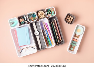 Desktop Organization. Cleaning Up Messy Stationary In Plastic Organizers For Office And Home Desk