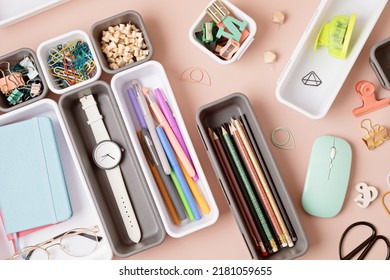 Desktop Organization. Cleaning Up Messy Stationary In Plastic Organizers For Office And Home Desk