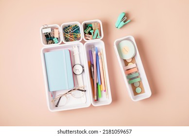 Desktop Organization. Cleaning Up Messy Stationary In Plastic Organizers For Office And Home Desk