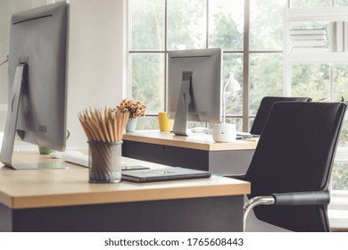 Desktop PC Computers In Small Modern Office Or Home Office. Trendy Workplace Interior.