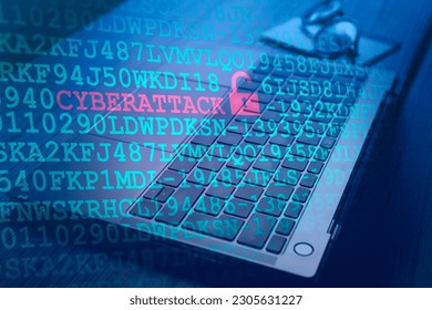 Desktop photo as background with colorful VR cyberattack interface. Cyber security data protection business technology. Protection against dangers.