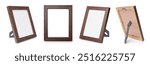 Desktop photo frame, Vertical standing brown wooden picture frame on white background,