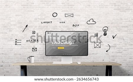 Desktop screen showcasing a web design studio homepage, surrounded by hand-drawn UI sketches such as boxes, headers, menus, and task icons